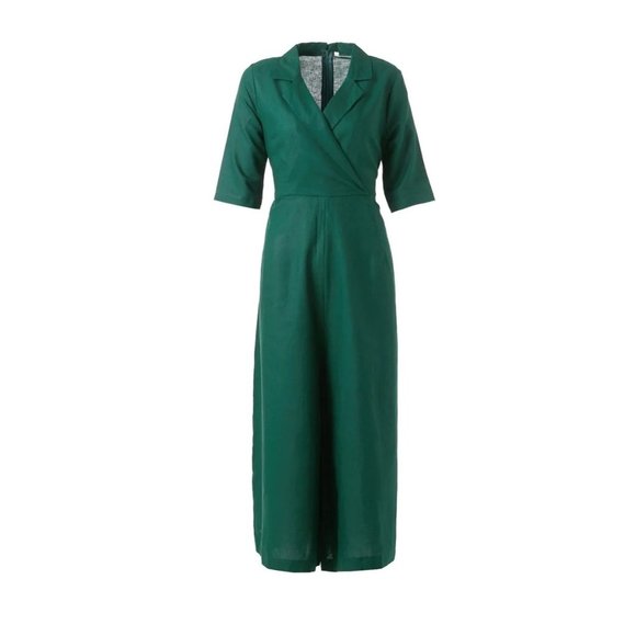 Linen Casual Wide Leg Relaxed Collar V Neck Short Sleeve Jumpsuit Zip M Green - Picture 2 of 12